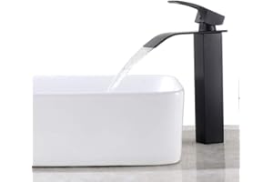 Auralum Robinet Salle Bain Noir, Haut Mitigeur Lavabo, Robinet Vasque à Poser Salle de Bain, Grand cascade Bec Carré, Eau Chaude et Froide Disponible, Hauteur du Bec 204mm