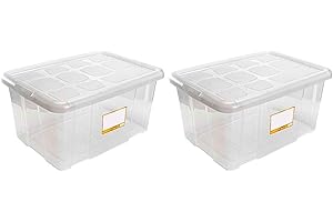 AC - Pack de 2 cajas de ordenación con tapa de plástico transparente – N.º 18 - Contenedor para almacenar juguetes, libros, ropa, mantas - Capacidad 60 litros - Dimensiones aprox.: 61,5 x 45 x 29,7 cm