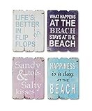 Motiv: Sommerliche Sprüche levandeo 4er Wandbild-Set aus Holz je 28x21cm - 4 Holzbilder mit sommerlichen Sprüchen - Sommer Strand Bilder Wandobjekt Maritim Dekoration Beach Spruch 4tlg.