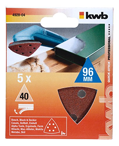 kwb Quick-Stick Klett-Schleifdreiecke 2x K40 1x K120 2x K240 für 93 mm Deltaschleifer 492800 (Edelkorund, für Holz und Metall, 5 Stück) - 2
