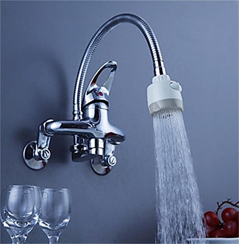 Homelava Messing Küchenarmatur mit flexiblem Auslauf Chrom Wandmontage - 2