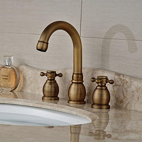 TougBoo Antique Brass Bathroom Double Handles Basin Faucet Sink Mixer Deck Mounted Widespread 3 Holes Water Taps,Black