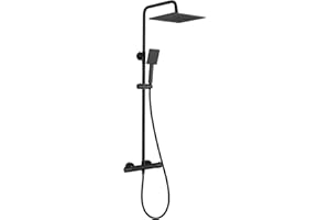 Auralum Colonne de Douche Kit avec Robinet Anti-brûlure Thermostatique, Noir Mitigeur de Douche avec Pomme de Douche 25x25cm, Douchette, Barre de Douche en Acier Inoxydable et PVC Flexible de Douche