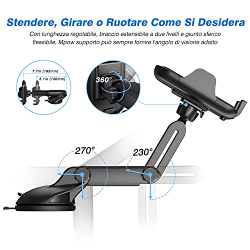 Mpow Supporto Smartphone Auto Cruscotto, Supporto Auto Smartphone Universale, Porta Cruscotto Parabrezza Cellulare Culla per iPhone X/8/8Plus/7/6s/6Plus/5S/5, Samsung Galaxy S8 S7 S6 S5, Nexus 5x/6p