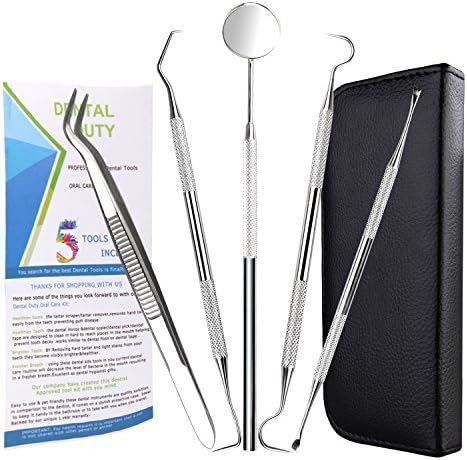 5 Pieces Dental Hygiene Kit-Tartar Plaque Scraper&amp;Sickle Scaler&amp;Mouth Mirror&amp;Dental Probe&amp;Tweezers+Free User Guide-Professional Stainless Steel Oral Care kit for Plaque Tartar Calculus