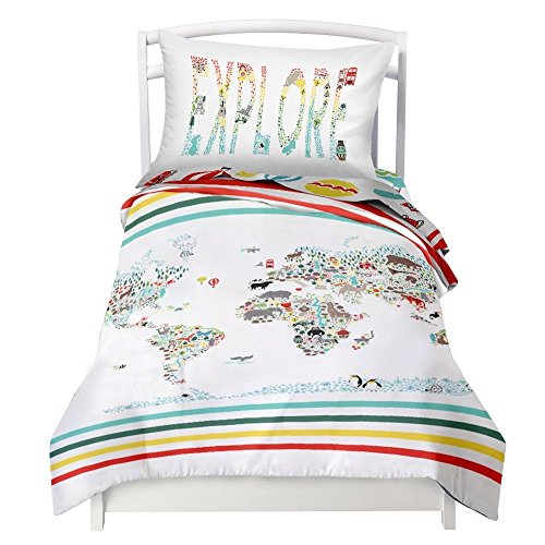 Where the Polka Dots RoamTwin World Map Reversible Duvet Cover Set with 1 Pillowcase for Kids Bedding - Double Brushed Microfiber Does Not Shrink or Wrinkle (68" L x 86" W) (68" L X 86" W)