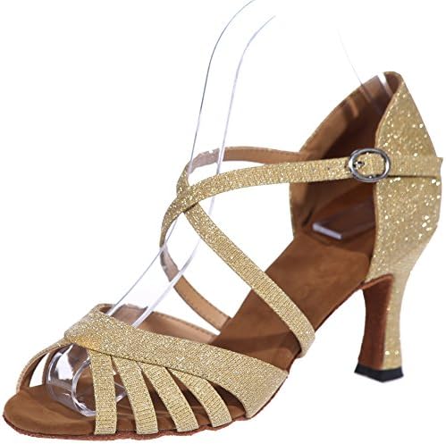 Zbeibei Women's Peep Toe Glitter Leather Criss Cross Strap High Heel Salsa Tango Latin Dance Shoes 834910GL(2.5 UK,Gold Glitter)