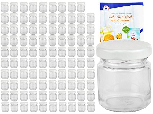 100er Set Rundgläser 53 ml Deckelfarbe weiß TO 43 inkl. Diamant Gelierzauber Rezeptheft, Einmachgläser, Einkochgläser, Vorratsgläser, Mini Sturzgläser, Obstgläser, Portionsgläser, Gläser
