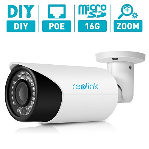 Reolink RLC-411S Built-in 16GB SD Card, 4MP AutoFocus Bullet Security IP Camera,4X Optial Zoom,PoE,Outdoor, Remote Access,Day/Night,Plug and Play.