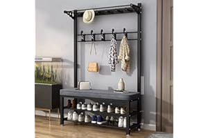 ANGROUPS Appendiabiti da Terra in Metallo con Scarpiera da Ingresso,Stand Appendiabiti con 11 Ganci e Panca Scarpiera, Attaccapanni Autoportante, Portabiti per Salotto e Soggiorno 80/100cm