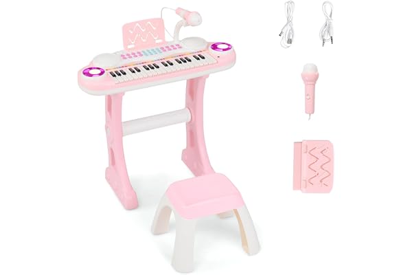 GOPLUS Clavier de Piano à 37 Touches pour Enfant, Piano Numérique Enfant avec Tabouret, Microphone, 8 Sons, Pupitre, Lumières, Jouet Piano Électronique pour Garçon Fille (Rose)