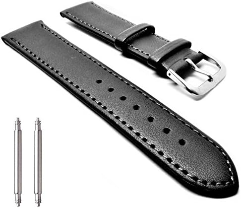 Premium genuine soft black leather watch strap replacement band with silver buckle (18mm)