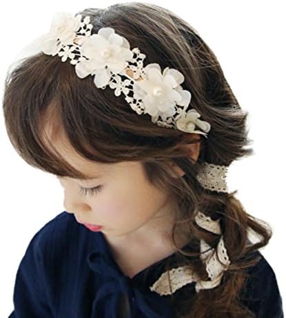 FALAIDUO Girl Headband Lace Hairband Girls Pearl Flower Headbands (White)