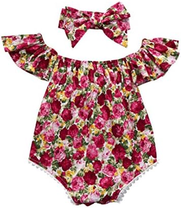 Trada Newborn Infant Girl Off Shoulder Romper Headband Outfit Set Short Playsuit Jumpsuit Jumper Suit Headbands Bows Outfit Sets Baby Dress Trendy Clothes Outdoor Sunsuit (6-12M, Small Floral)