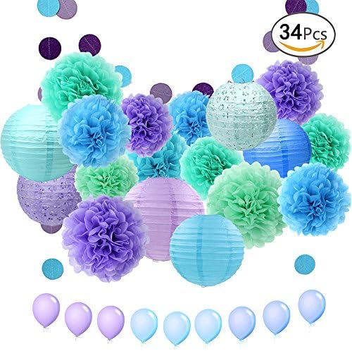APLANET 34pcs Paper Flower Pom Pom and Paper Lantern, Polka Dot Paper Garland, Balloon for Party, Celebration, Nautical Themed Ball