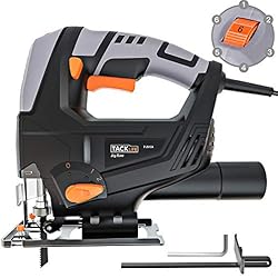 Scie Sauteuse 570W, 800~3000SPM, Profondeurs de Coupe: 65mm en Bois et 8mm en Métal, Vitesse Réglable (1-6 cadran) & Angle Biseauté (0°-45°) et Orbite (1-4), Tacklife PJS03A