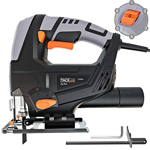 Scie Sauteuse 570W, 800~3000SPM, Profondeurs de Coupe: 65mm en Bois et 8mm en Métal, Vitesse Réglable (1-6 cadran) & Angle Biseauté (0°-45°) et Orbite (1-4), Tacklife PJS03A