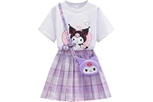 Satdflie Kuromi Conjunto Falda y Top para Niñas Camiseta Manga Corta + Minifalda Plisada + Bolso de Dibujos Animados 3 Piezas Traje