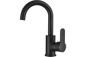 HPWVKVDB Basin Mixer Tap Black Bathroom Sink Taps with Swivel Spout, Swan Neck Basin Taps Monobloc Single Lever Bathroom Taps 1 Hole with UK Standard Hoese