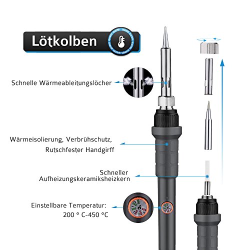 Lötkolben Kit, OMorc 60W 220V Lötset mit Einstellbarer Temperatur 200-450°C, 5 PCs Unterschiedliche Lötspitzen Entlötpumpe Lötzinn Ständer Pinzetten für Verschiedentlich Repariert Nutzung - 3