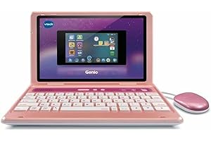 VTech - Genio, Mon Premier Vrai Ordi Rose Métal, Ordinateur Enfant avec Écran Couleur 5 Pouces, Souris, 50 Activités et Jeux Éducatifs, Cadeau Enfant de 5 Ans à 12 Ans - Contenu en Français