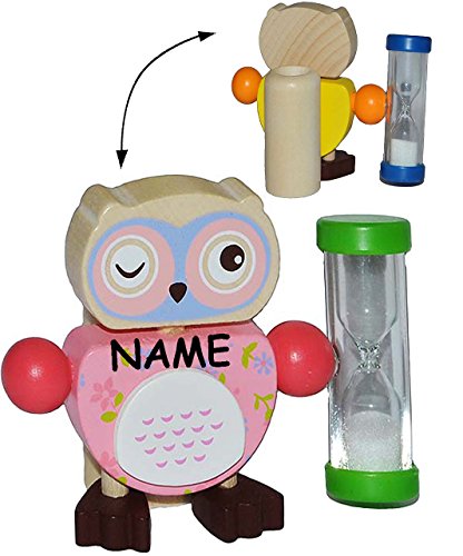 Preisvergleich Produktbild 1 Stück _ Zahnputzuhr / Zahnbürstenhalter - " lustige Eule - PINK / ROSA " - incl. Name - mit Sanduhr - aus Holz für die Zahnbürste - Kinder & Erwachsene / Mädchen Jungen Zähneputzen für 3 Minuten - Badezimmer Bad Kinderzahnbürste - Eulen Zähne - Tiere - Zahnputz Assistent / Kinderzahnputzuhr - Babyzahnbürste zum hinstellen