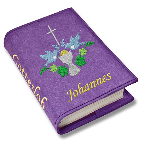 Download Gotteslob Gotteslobhülle Gesangbuch Gesangbuchhülle mit Namen bestickt Kelch blau Filz hellgrau grau dunkelgrau lila blaugrau (lila)
