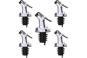 LAYBA Lot de 5 becs verseurs de bouteilles avec capuchon de protection pour vinaigre, huile d'olive, café, sirop, bec verseur, bec verseur, argent brillant avec capuchon de fermeture inclus