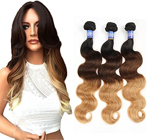 Ombre Brazilian Virgin Hair Body Wave, Elees Hair Remy Human Hair, 3 Tone Ombre Hair Extensions Weave Weft With Mixed Length High Quality 7A Grade (20 22 24, T1B/4/27)