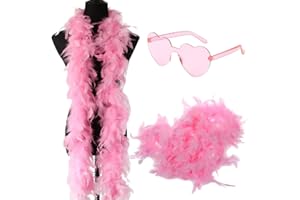 FISAPBXC Mujer Boa de Plumas de Pavo, Plumas Bufandas de Suaves Boa de Plumas Rosa Bufandas de Plumas Decorativas para baile, boda, fiesta, cosplay, Halloween, con Rosa Gafas de sol en forma de corazón(200CM)