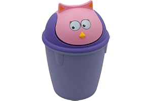 DRULINE clic-and-get 6 Liter Eimer Tiere für Kinder Abfalleimer, Mülleimer, Papierkorb Schwingdeckel, Müllsackständer, Abfallbehälter, Kosmetikeimer, Kunststoff (H x Ø ) ca. 34 x 23 cm (Lila-Vogel)
