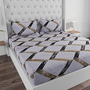 Huesland by Ahmedabad Cotton 144 TC Cotton Single Bedsheet with 1 Pillow Cover - Marble White, Tan & Black