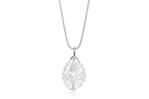 COAI Teardrop Tree of Life Necklace Healing Crystal Necklace for Women, Rose Quartz/Clear Quartz
