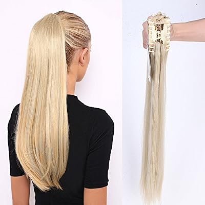 SEGO Queue de Cheval Extension [Attachée Par Pince] On Dirait de Vrai Cheveux [66CM][Ash Blond Mèche Blond Blanchi]