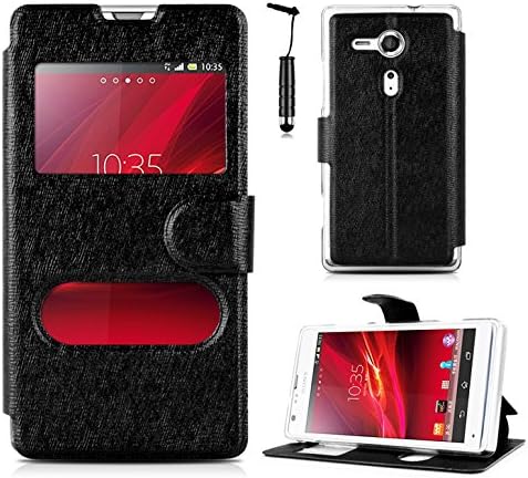 Magic Global Gadgets - Black Window Leather Book Smart Flip Case Cover For Sony Xperia SP M35H / HSPA C5302 / LTE C5303 / LTE C5306 With Magnetic Closure + Media Stand + Fitted Silicone Gel Frame Inside + Screen Guard &amp; Stylus Pen