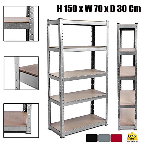 Étagère sans boulon 150 x 70 x 30 cm extra large 5 niveaux étagères de rangement en métal robuste pour abri de jardin, bureau, buanderie, entrepôt, étagères - Galvanisé, noir