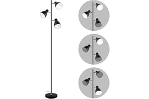 Osasy lampadaire vintage, 3 spots orientables,Interrupteur de commande indépendant lampe à pied design rétro, ampoules E14 LED ou halogène, hauteur 168 cm, métal noir blan