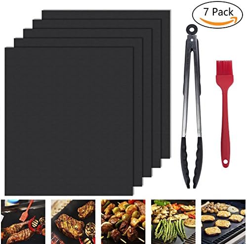 Barbecue Grill Mat Set of 5, Non Stick Reusable Heat Resistant Durable Barbecue Sheets with One Red Silicone Brush, One 9'' Black Food Tongs, Perfect for Baking on Gas, Charcoal, Electric Grills