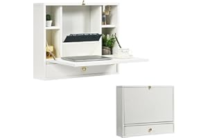 COSTWAY Składany stolik ścienny, biurko wiszące na ścianie, zajmuje mało miejsca, składany stół z półką i szufladą, drewniany stół ścienny do sypialni, salonu, 60 x 15 x 50 cm (biały)