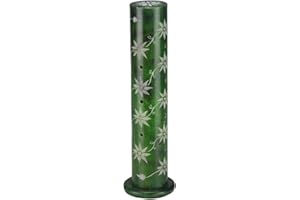 INDIABAZAAR Soapstone Incense Joss Stick Holder Tower Cone Burner Handmade Carved Agarbatti Holder Stand Ash Catcher Diffuser Intricate Floral Openwork Engraved Decorative, Home Office Gift (Green)
