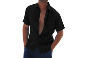 Halfword Uomo Camicia Lino Manica Corta Estiva Casual Risvolto Cotone Hawaiian Tinta Unita Vacanze Beach