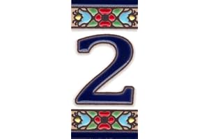 TORO DEL ORO Números para casas. Números y Letras en cerámica esmaltada, Pintados a Mano con la técnica de la cuerda seca. Nombres y direcciones. Mini Flor Azul 3,5 cms x 7,5 cms (Número dos "2")
