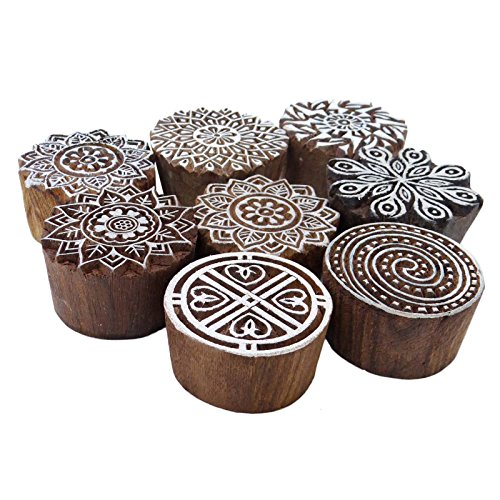Menge 8 Stück Indische Holztextilmarken Hand Geschnitzt Druckblock Braun Stempel - 3