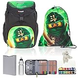 7 Teile MEGA Schulranzen DELUXE Set komplett: 1x LEGO Ranzen Outbag Deluxe + 1x Sportbeutel + 1x Mäppchen (gefüllt!) + 1x Heftmappe + 1x Trinkflasche von CO2 + 1x Marken Wasserfarb-Kasten + 1x Eisbär Willy PM