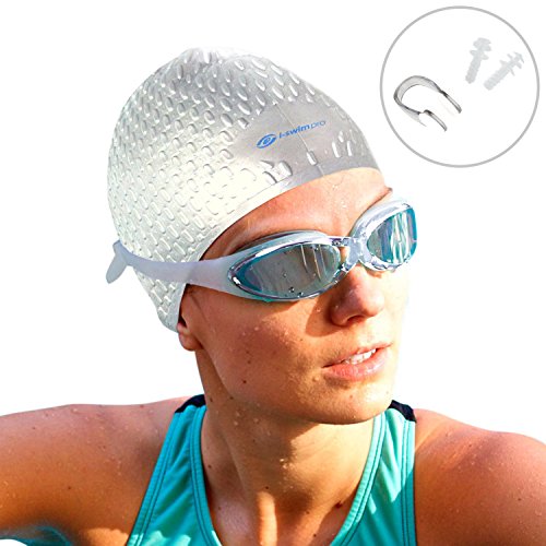 i-Swim PRO Nuoto Tappi con Naso Clip + Tappi per Le Orecchie - Comoda - Non Cade - Strong Silicone - Aumenta la velocità - Best Swim Cappelli per Proteggere Lungo, Spessi e Capelli Corti, Silver