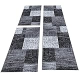 Knoten: 272.000 Point je m2 HomebyHome Moderner Kariert Design Konturschnitt Teppich 3TLG Bettumrandung Läufer Set Schlafzimmer Flur Geometrisch Patchwork Schwarz Grau Weiss meliert, Bettset:2 x 80x150 cm + 1 x 80x300 cm