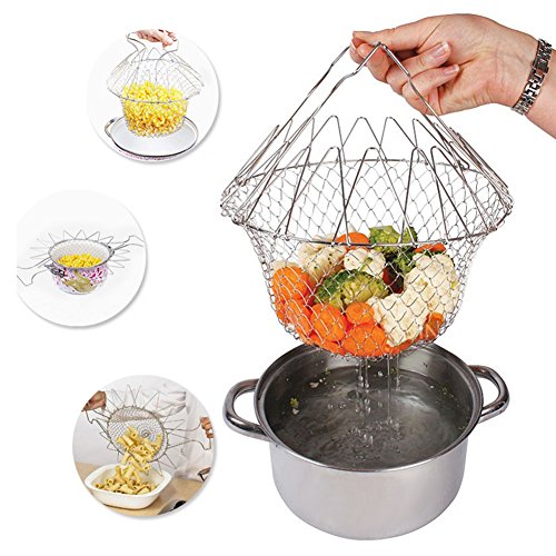 nhsunray New faltbar Edelstahl Dampf Spülen Zugentlastung Fry Kochen Chef Basket Mesh Net Sieb Sieb Küche Werkzeug waschbar Spülmaschinenfest - 3