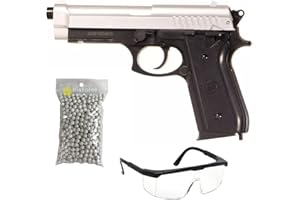 2EAGLE Pack Airsoft Pistolet modèle PT92 Bicolore à Ressort/matière: Plastique Haute résistance et Culasse métal/Puissance 0.5 Joule/livré avec Accessoires, Noir et argenté, 220 mm