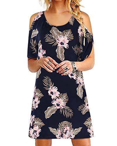 YOINS Robe Femme Mini Robe Épaules Dénudées Dress Été Sexy Robe De Printemps Robe Longue Tee Shirt Coton Col V Imprimée-Bleu Foncé M