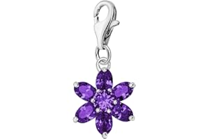 Quiges 925 Sterling Silver Charm Pendant Crystal Flowers made of Birthstones Clip On Lobster Clasp